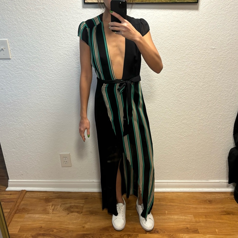 REFORMATION Black and Green Wrap-Around Maxi Dress